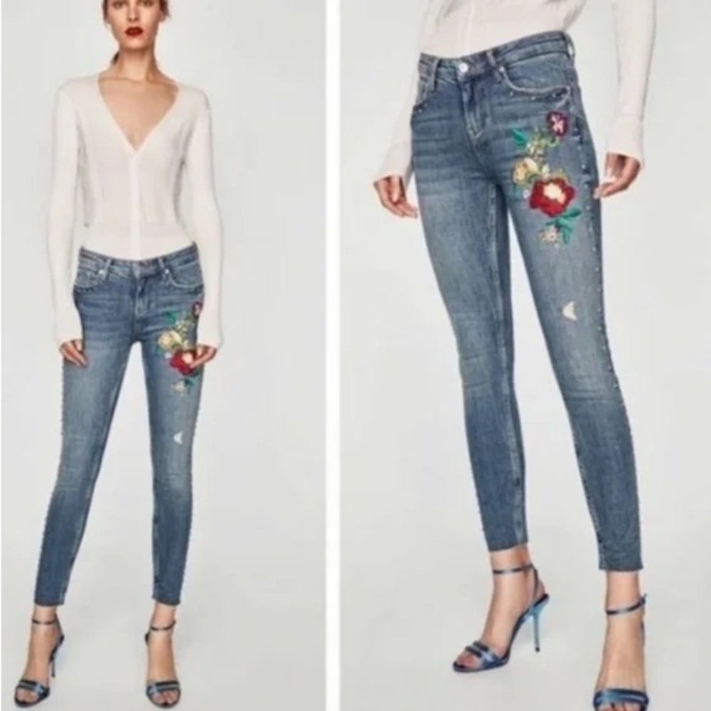 Zara Floral Embroidered Studded Denim Skinny Jean